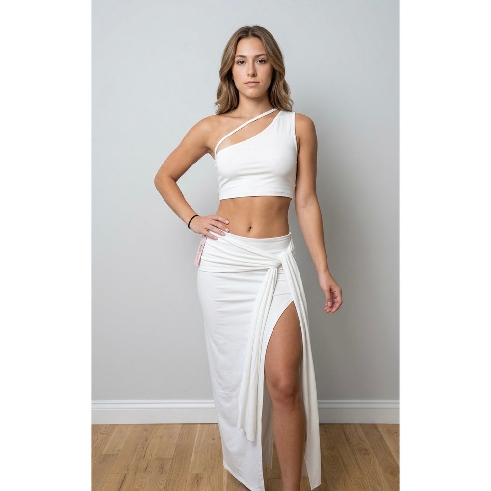 Micas white Asymmetrical One Shoulder Crop Top & Wrap Skirt Set Two Piece M NEW